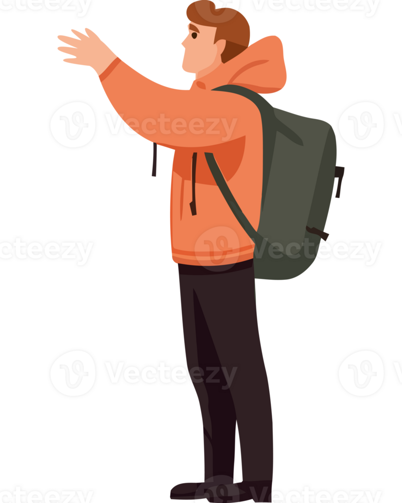 Man with backpack pointing to something png