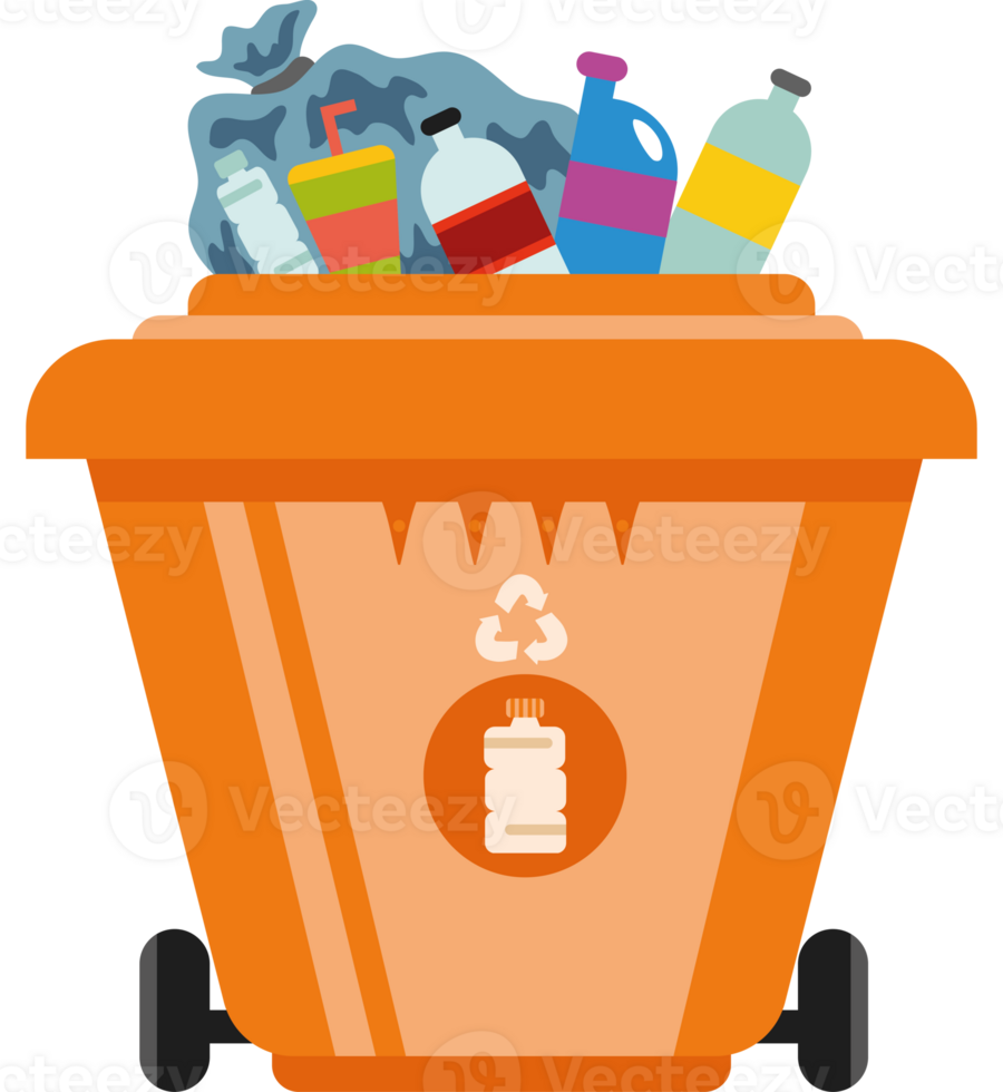An orange trash can with bottles and cans inside png