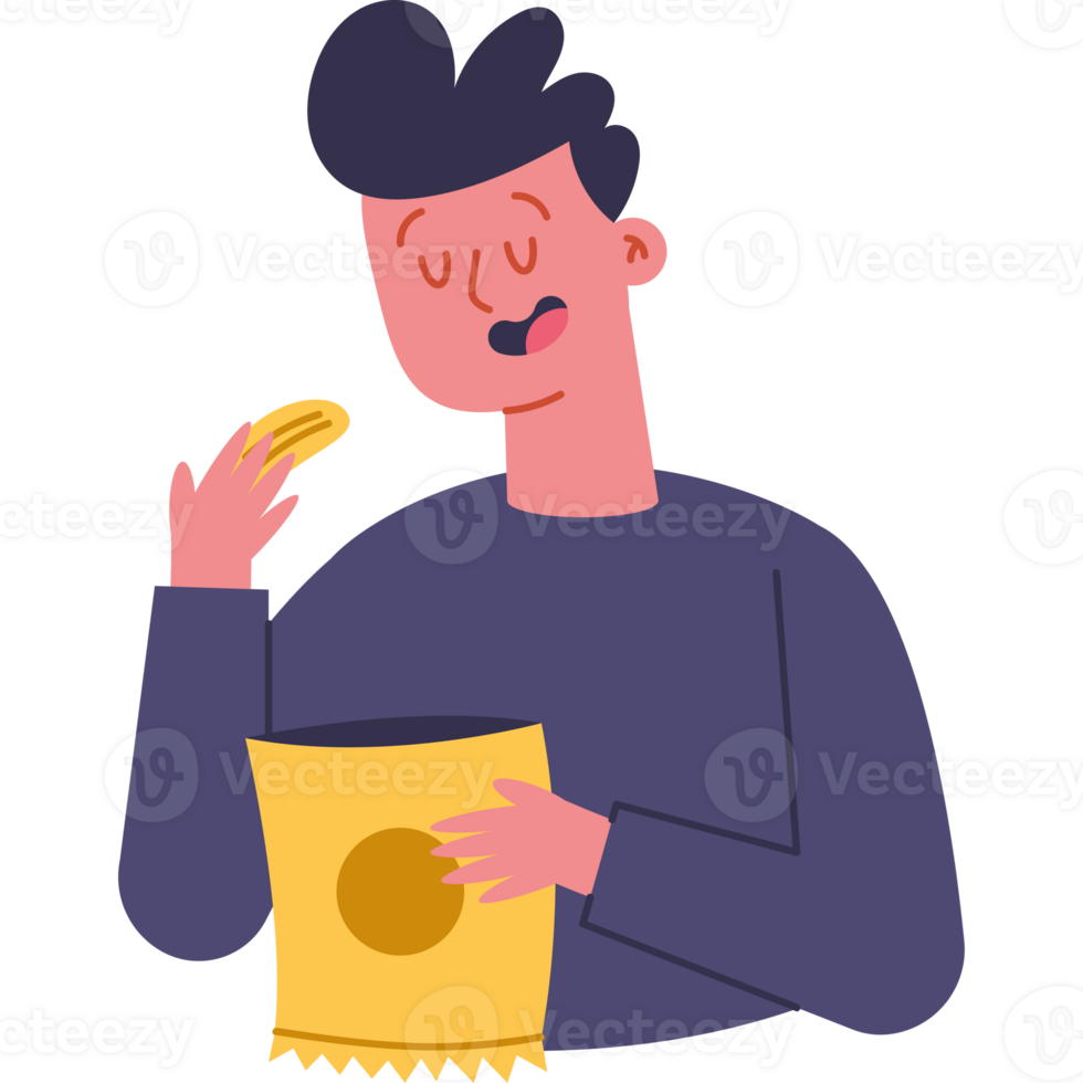 A man eating a banana while holding a bag of chips png