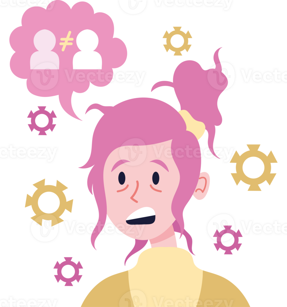 A cartoon woman with pink hair and a thought bubble png