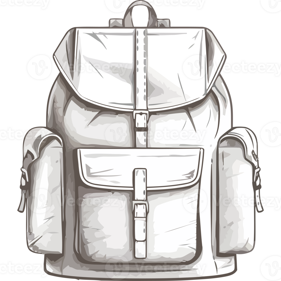 A white backpack with straps and pockets png