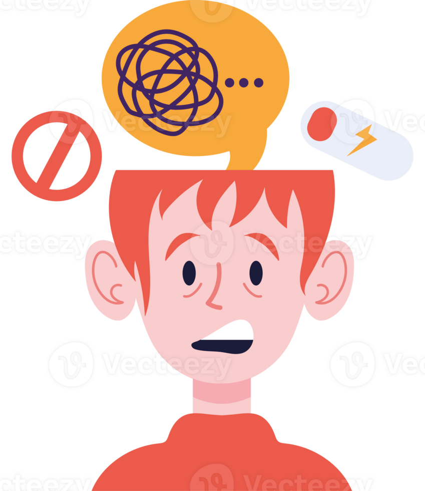 Illustration of a boy with a brain full of thoughts png