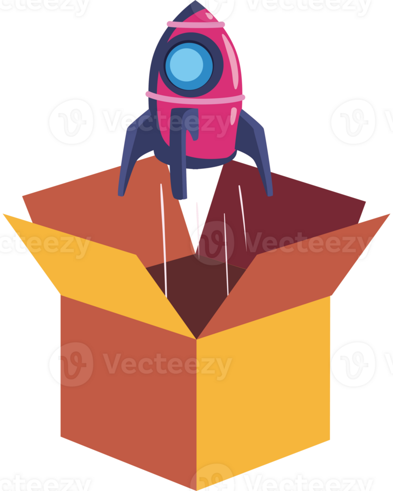 A rocket ship is flying out of a box png
