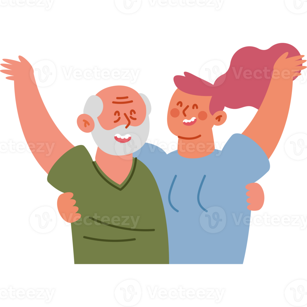 Happy elderly couple with arms raised png