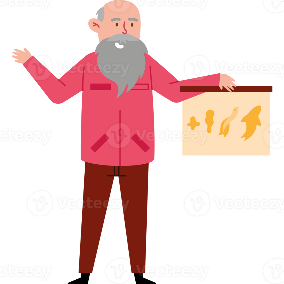 An old man holding a sign with a drawing of fish png