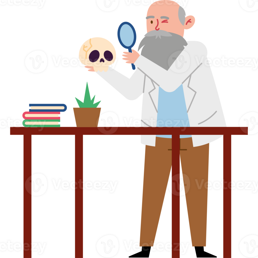 An old man in a lab coat is holding a skull png