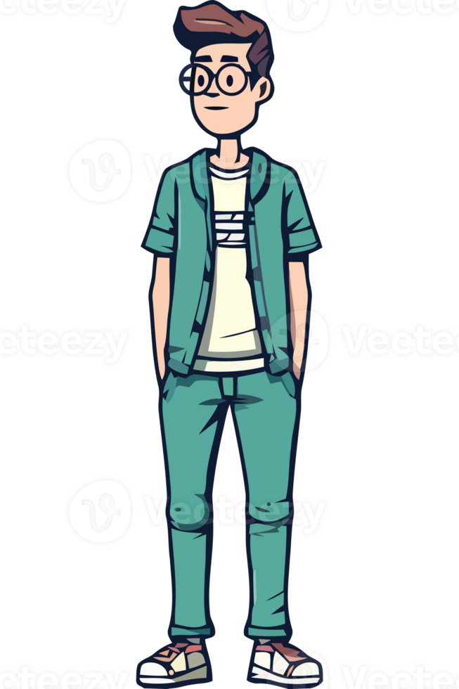 Cartoon man in glasses standing with his hands in his pockets png