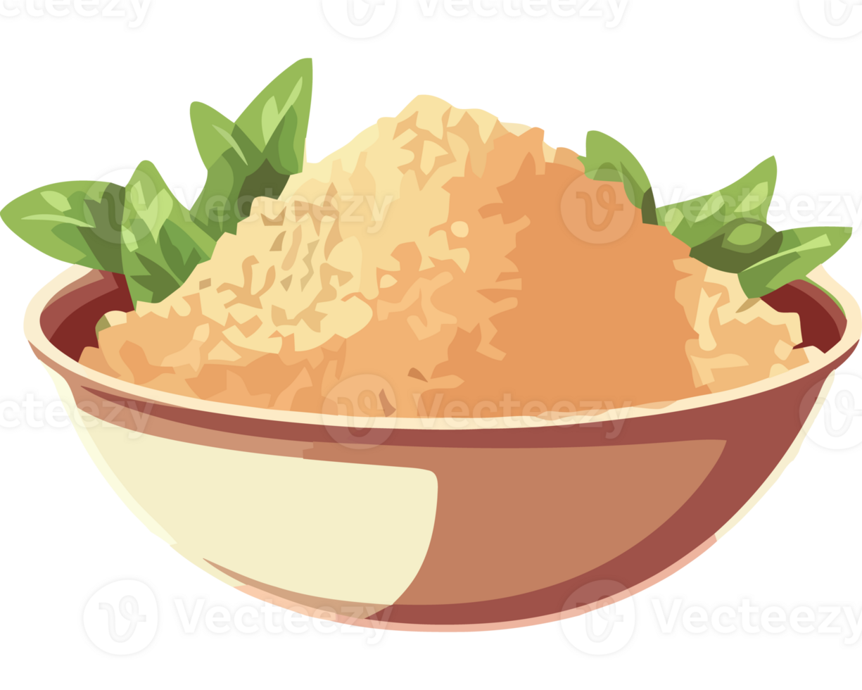 A bowl of rice with leaves on it png
