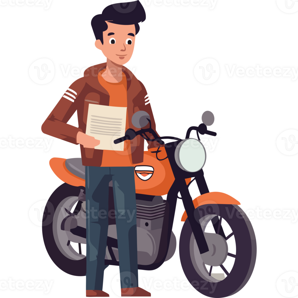 A man holding a document and standing next to a motorcycle png