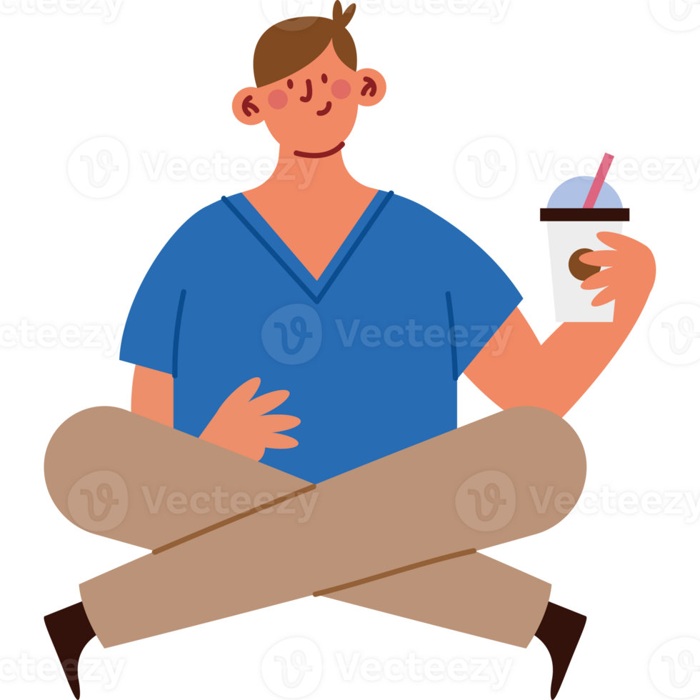 A man sitting in the middle of the floor holding a drink and a cup png