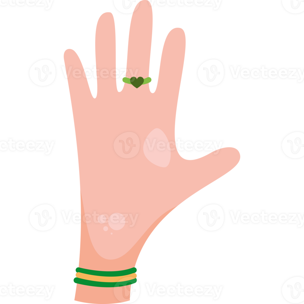 A hand with a ring on it and a green bracelet png