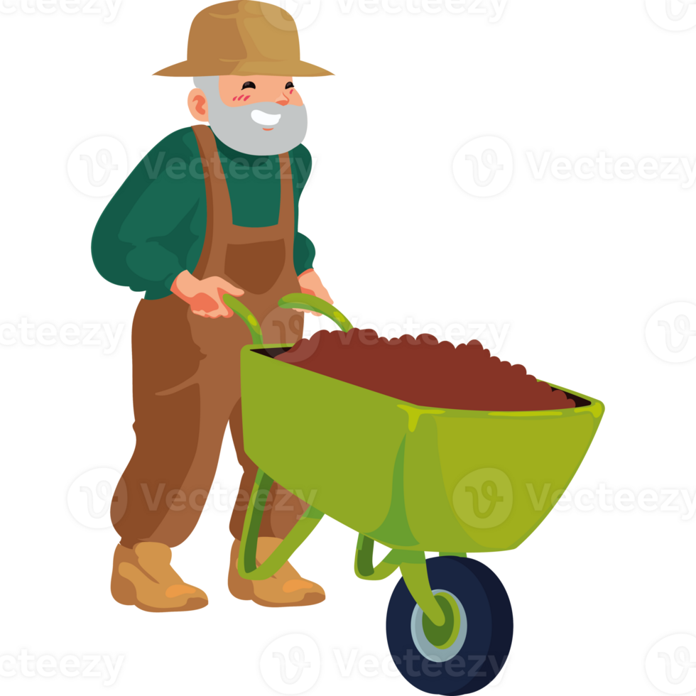 An old man with a wheelbarrow full of dirt png