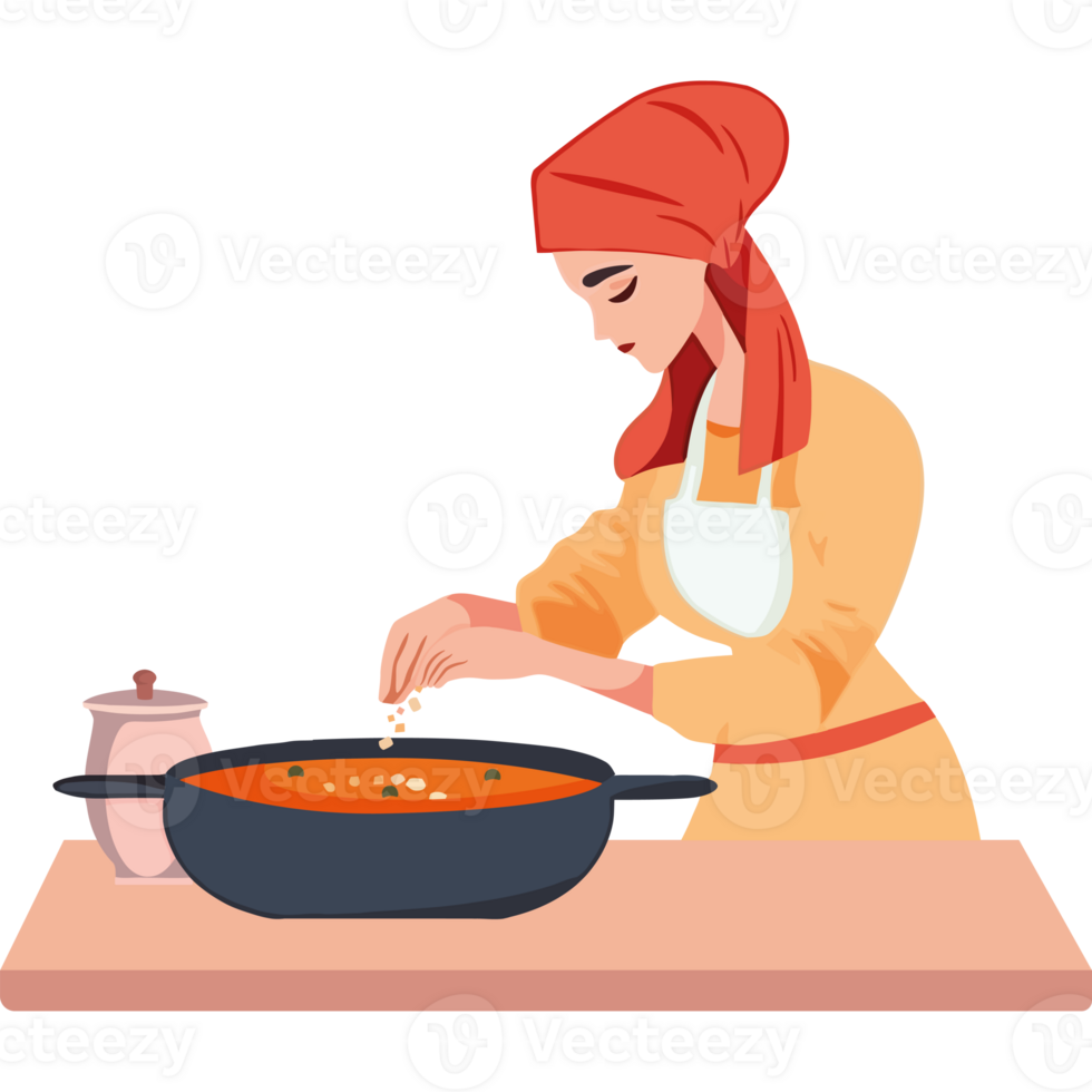 A woman in an apron is cooking food in a pan png