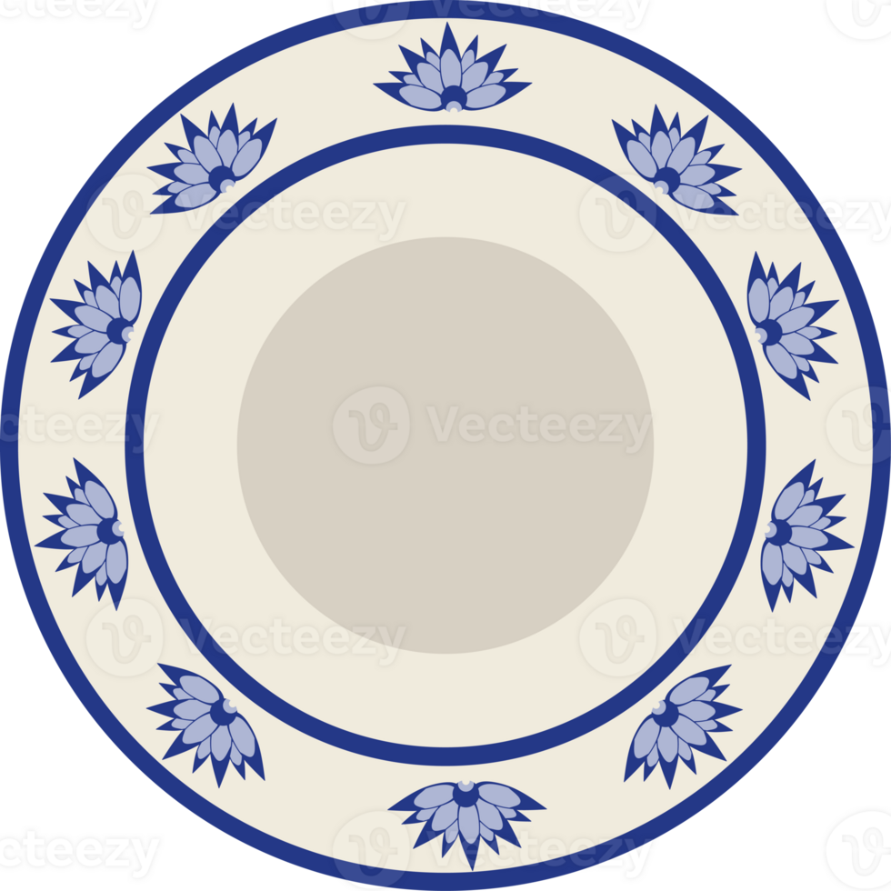 A blue and white plate with a lotus design png