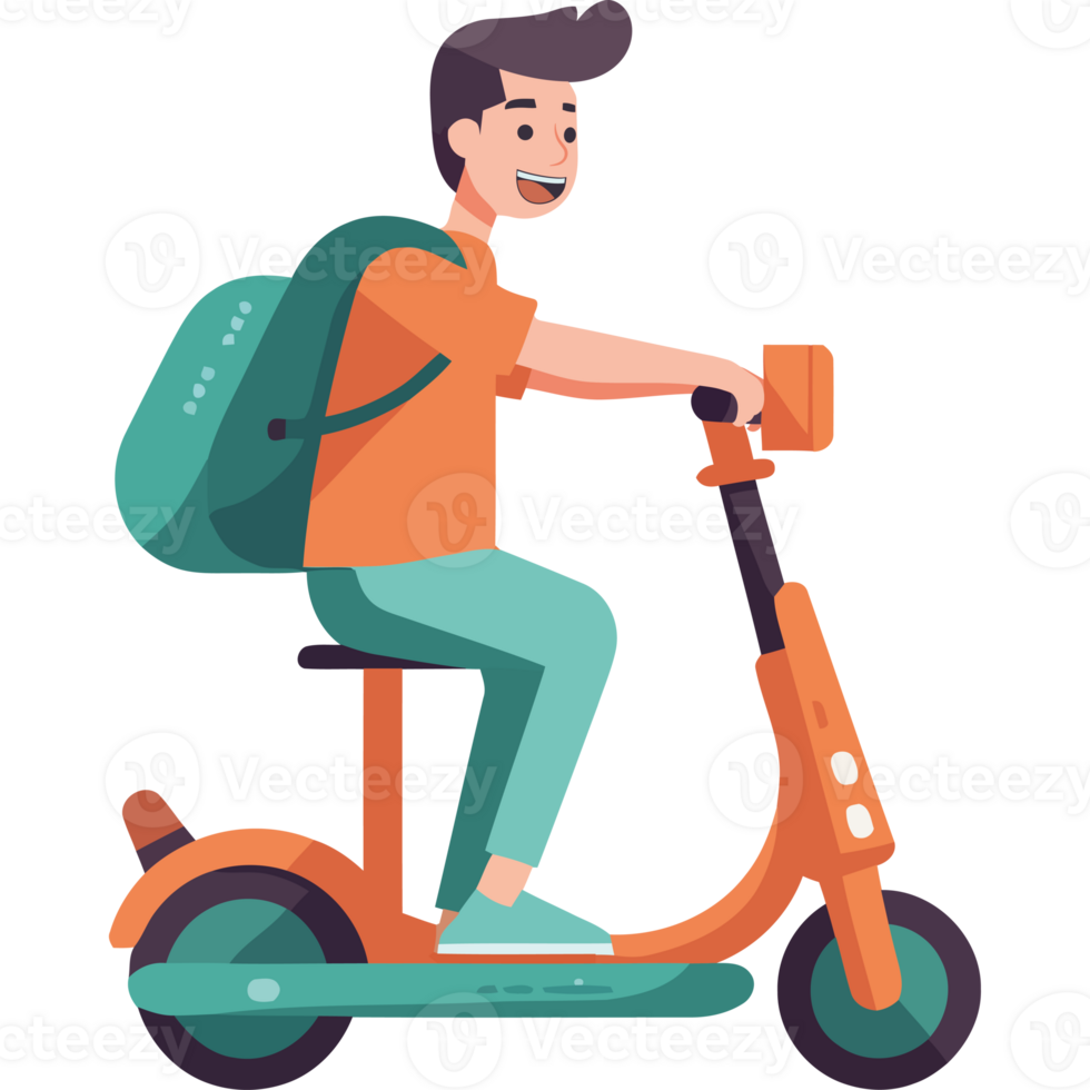 A man riding a scooter with a backpack png