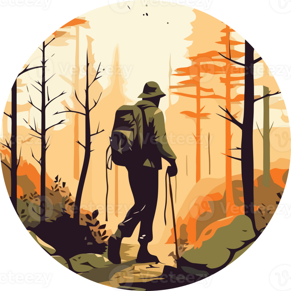 A man with a backpack and hiking poles walking through the woods png