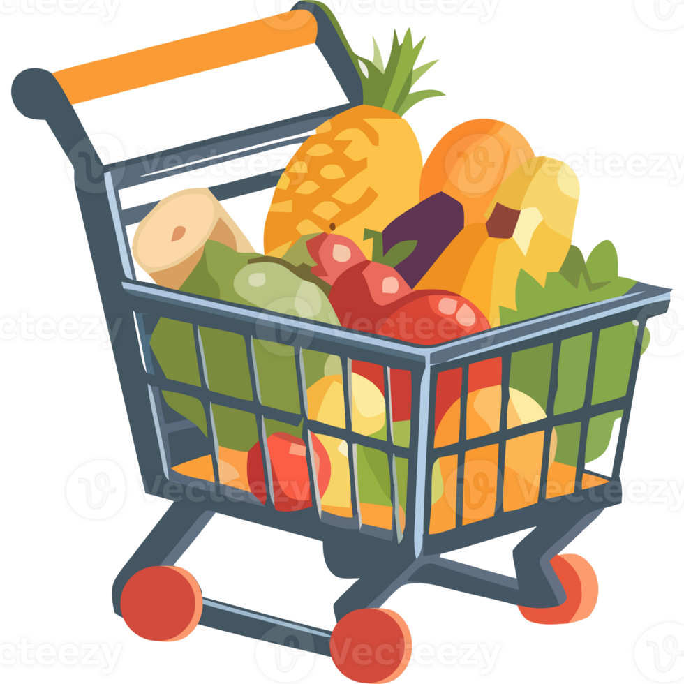 Shopping cart with fruits and vegetables png