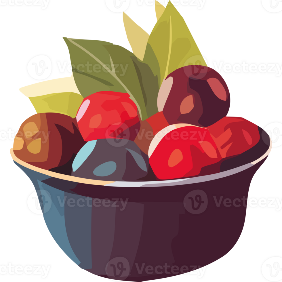 A bowl of fruit with leaves and berries png