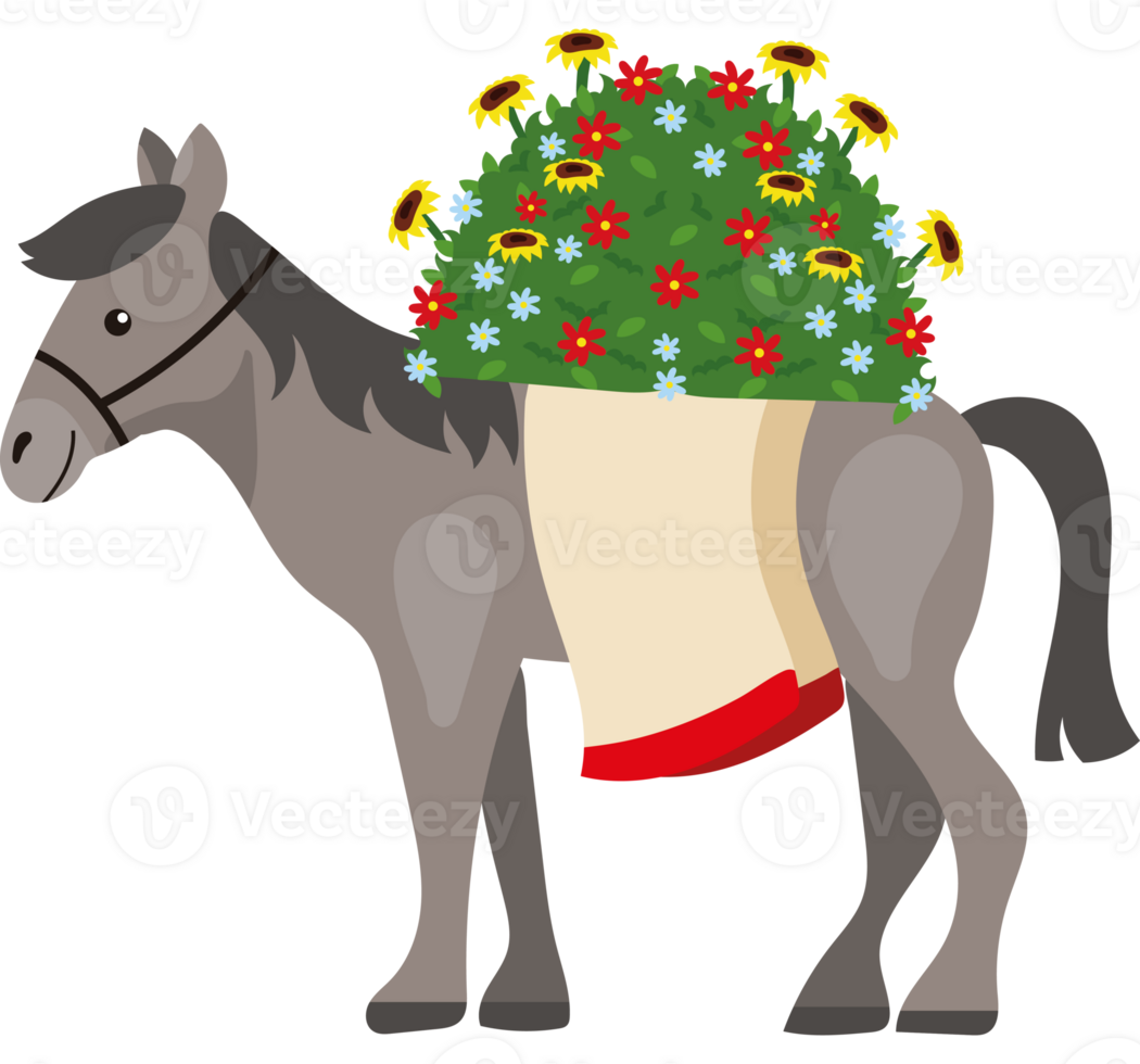 A donkey carrying a bag of flowers png