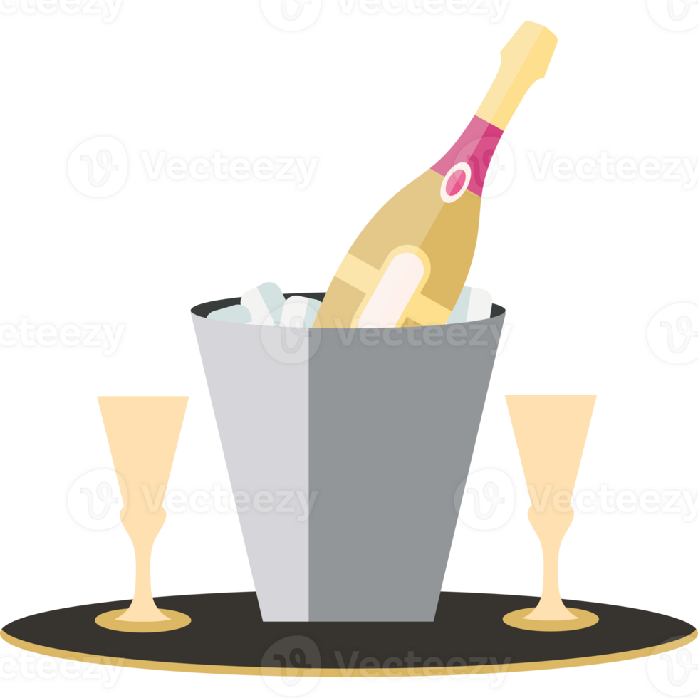 A bottle of champagne and two glasses in an ice bucket png