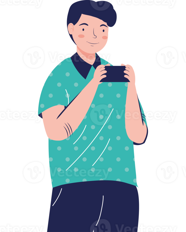 A man holding a cell phone in his hand png