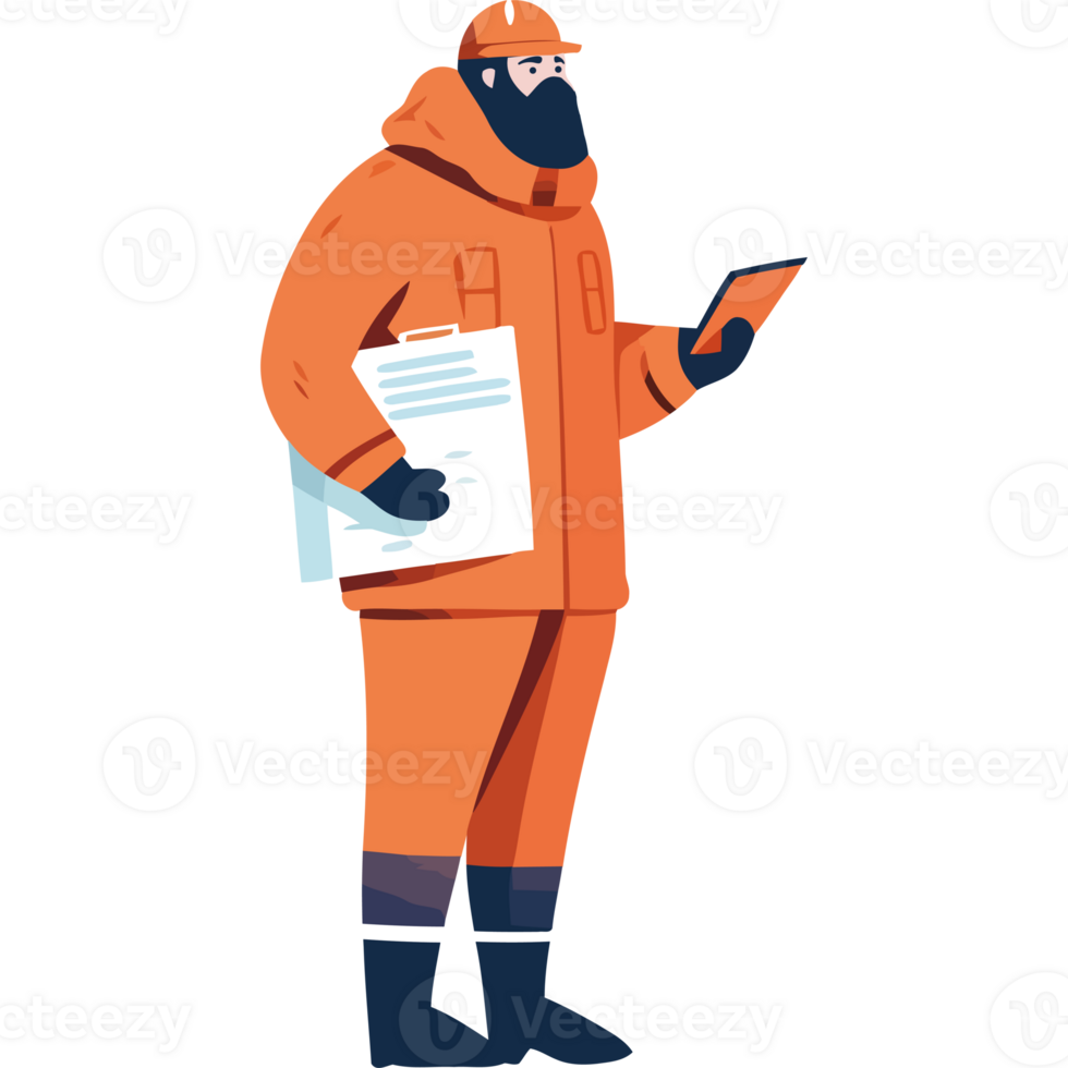 An illustration of a man in an orange suit holding a clipboard png