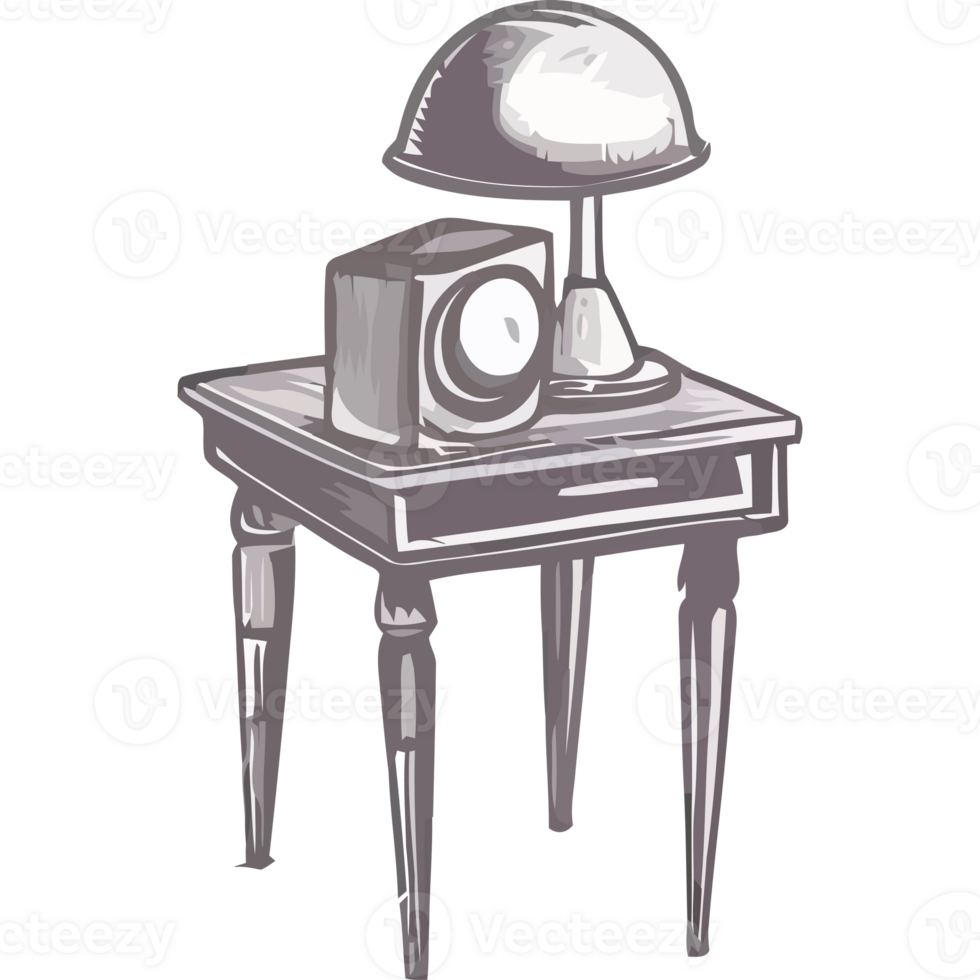 A drawing of a table with a lamp and clock png