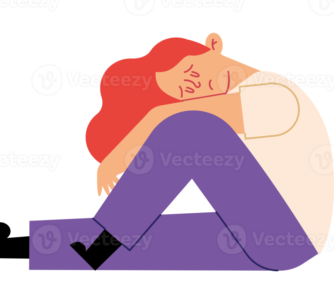 A woman sitting on the floor with her head in her hands png
