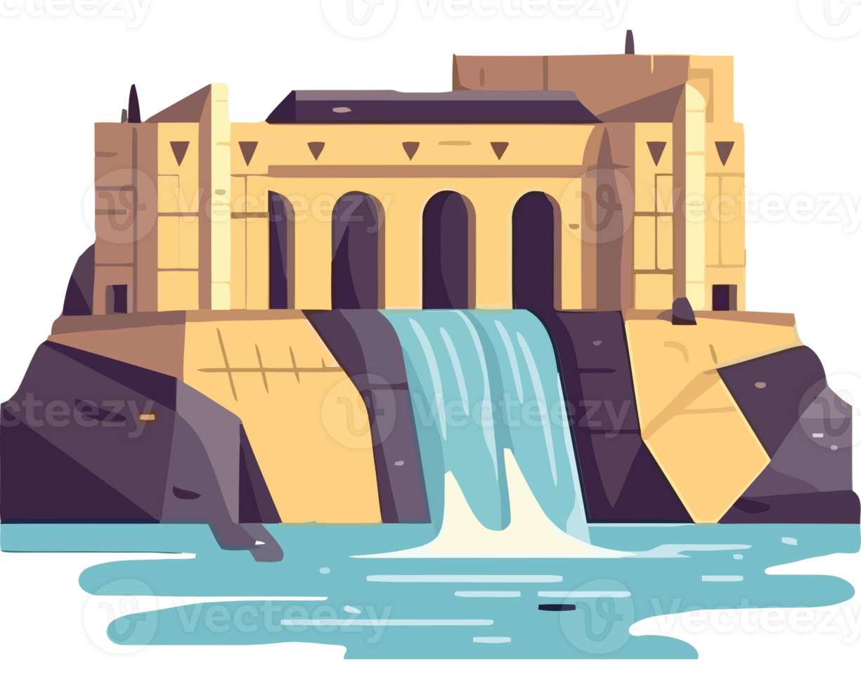 A cartoon castle with a waterfall and water png