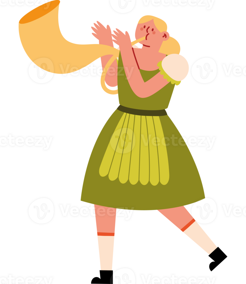 A girl in a green dress blowing a horn png