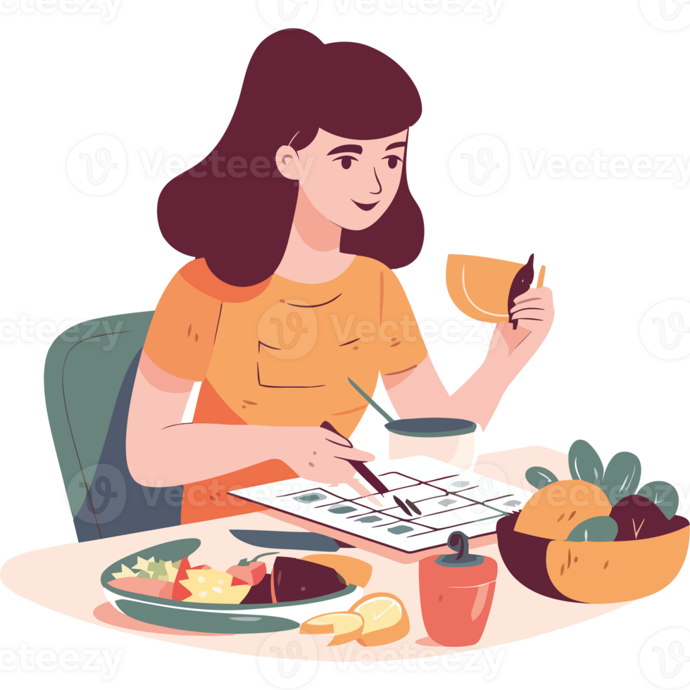 A woman is sitting at a table with a cup of coffee and a plate of food png