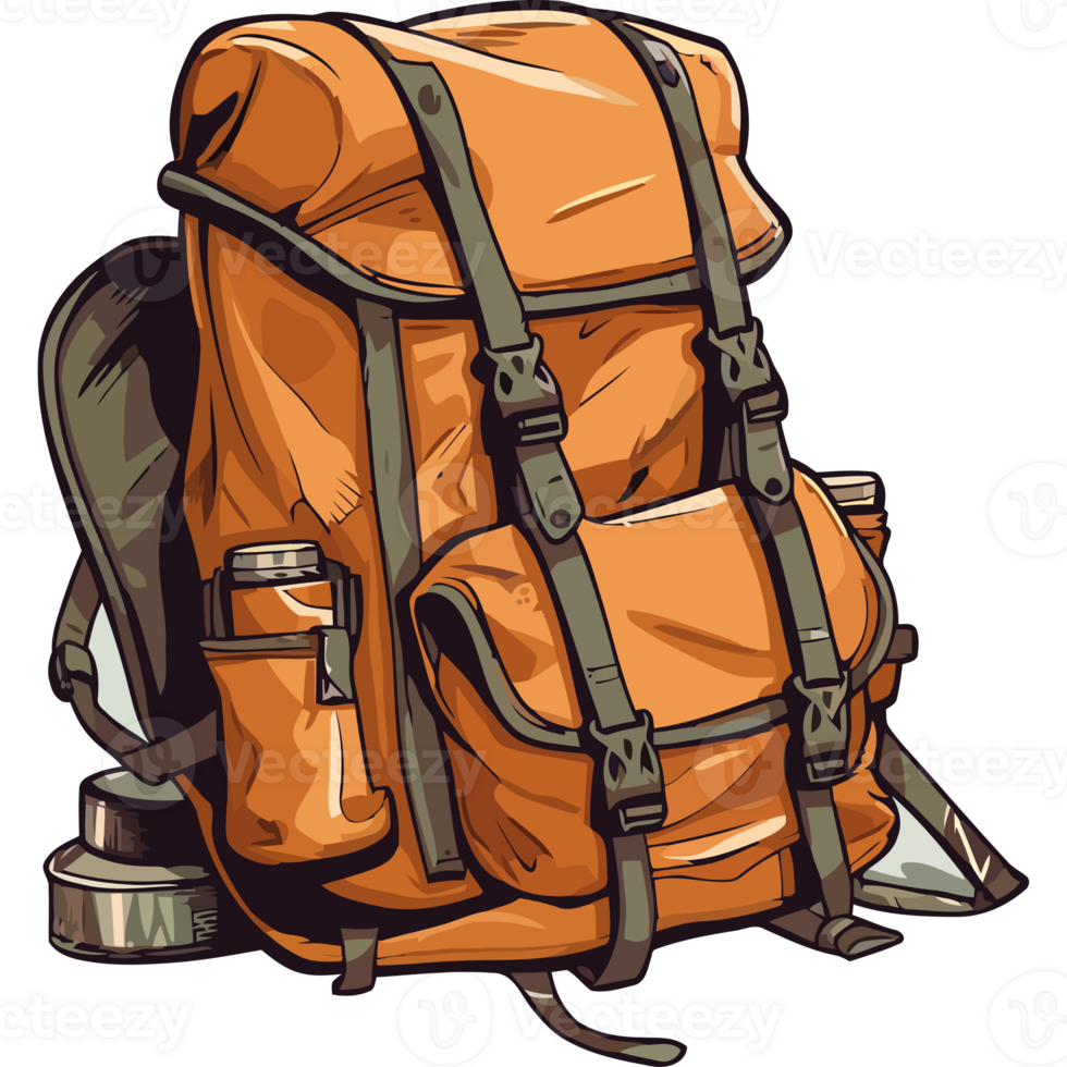 An orange backpack with a bottle and a cup png