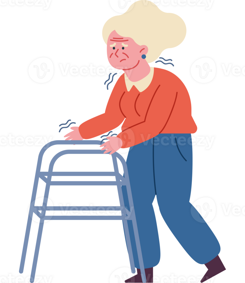 An elderly woman pushing a walker png