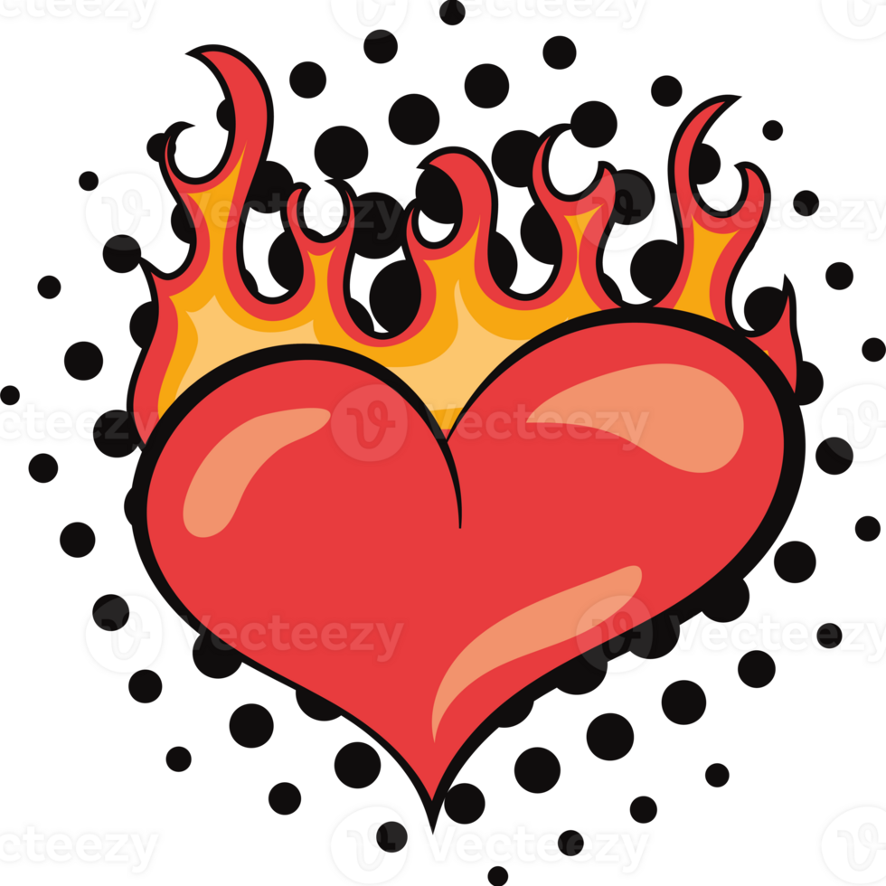 A cartoon heart with flames on it png