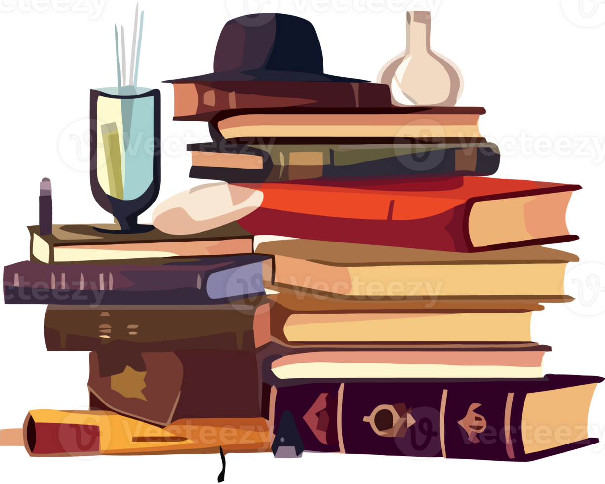 A pile of books with a hat and a bottle png