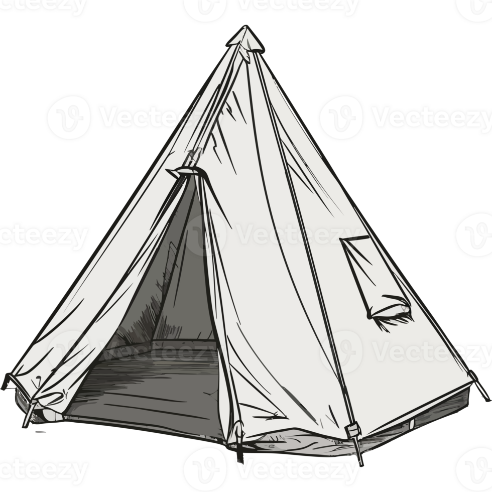 A tent is shown in a black and white drawing png