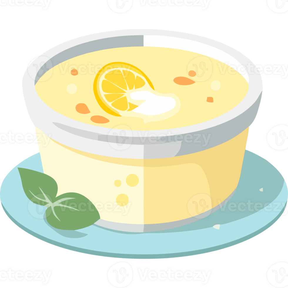 A bowl of soup with lemon slices on top png