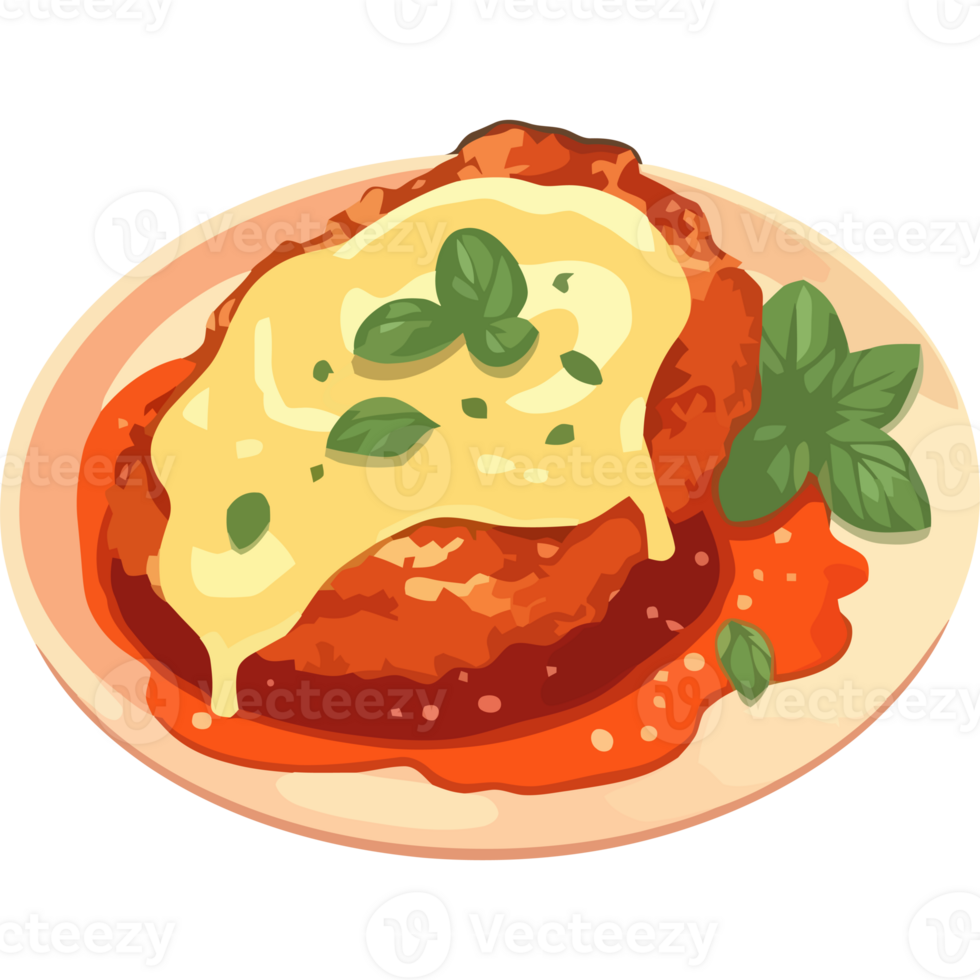 A plate of chicken with sauce and basil png