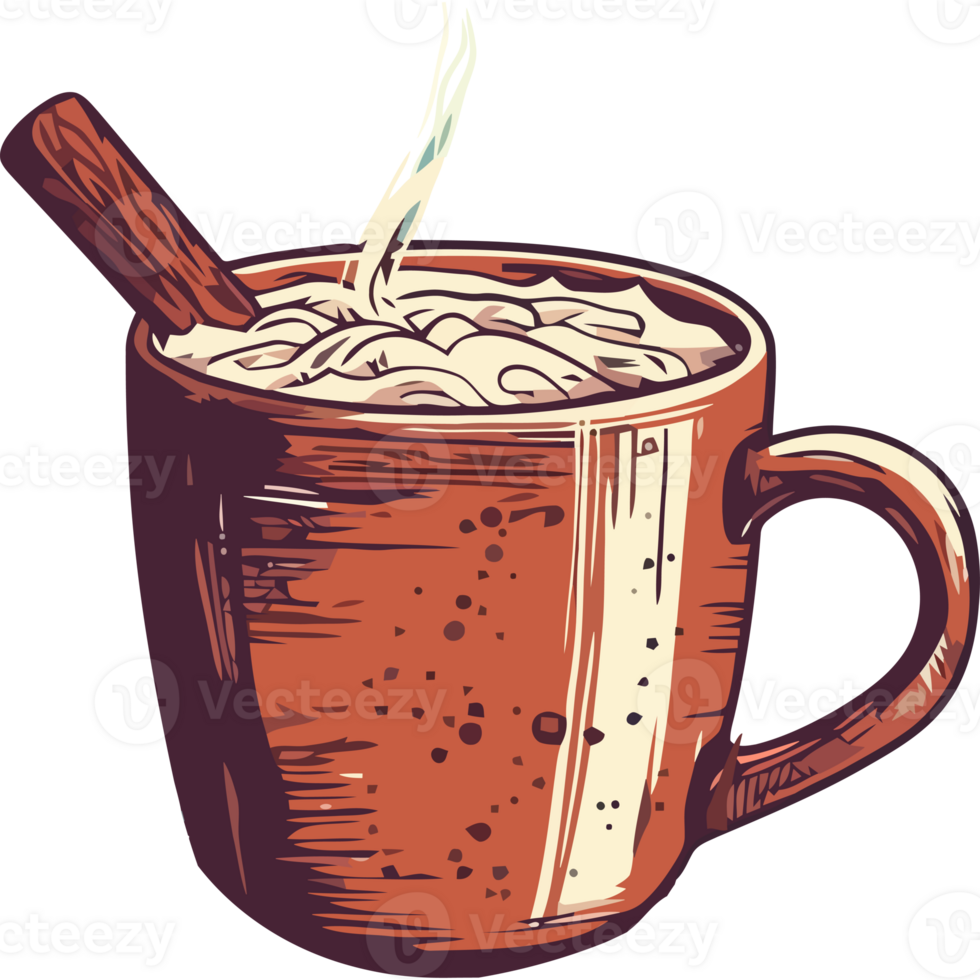 Hot chocolate with cinnamon stick in a mug png