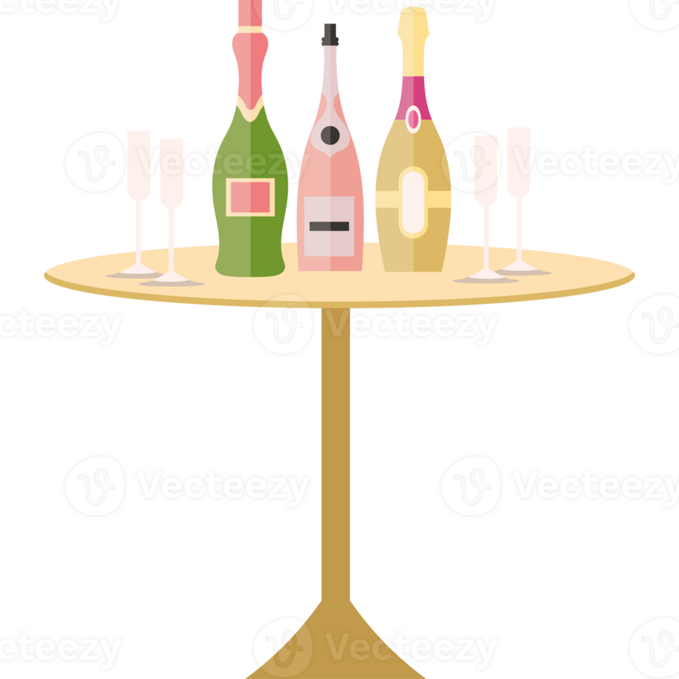 A table with champagne bottles and glasses png