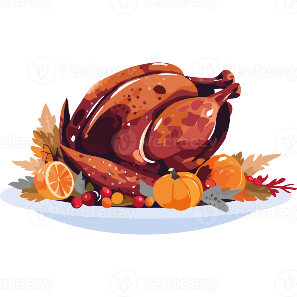 A thanksgiving turkey on a plate with fruit and leaves png