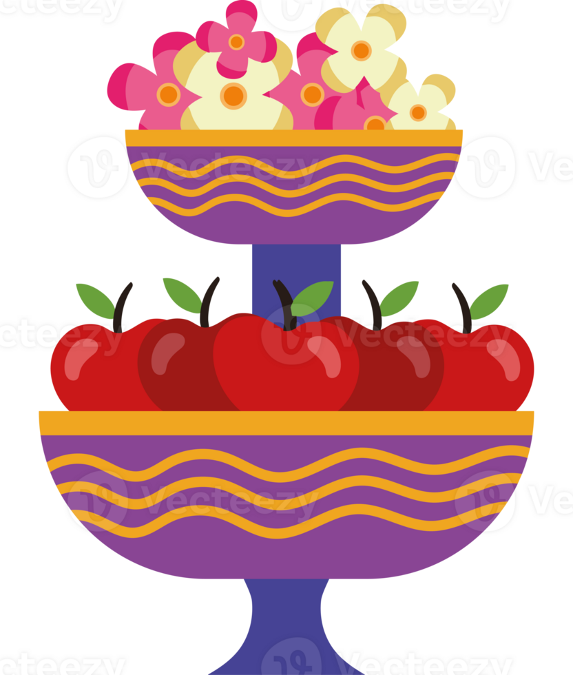 A purple and purple tiered cake with apples and flowers png