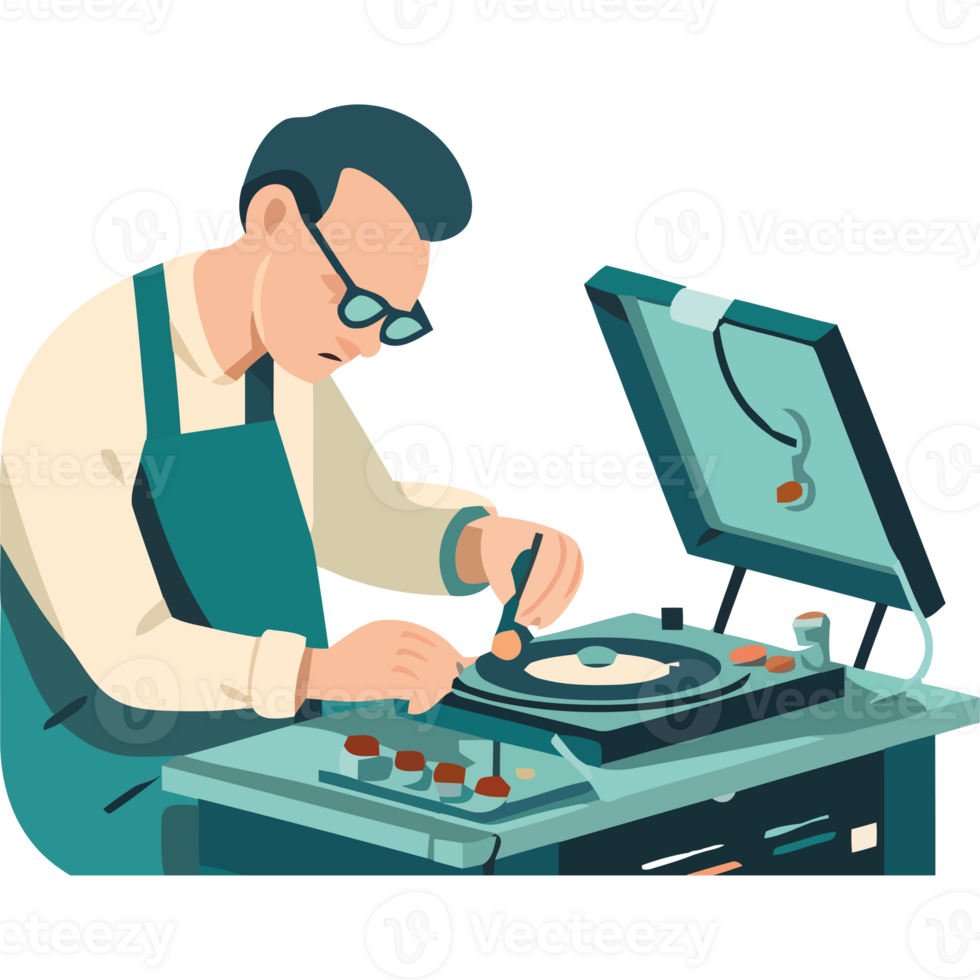 An illustration of a man working on a turntable png