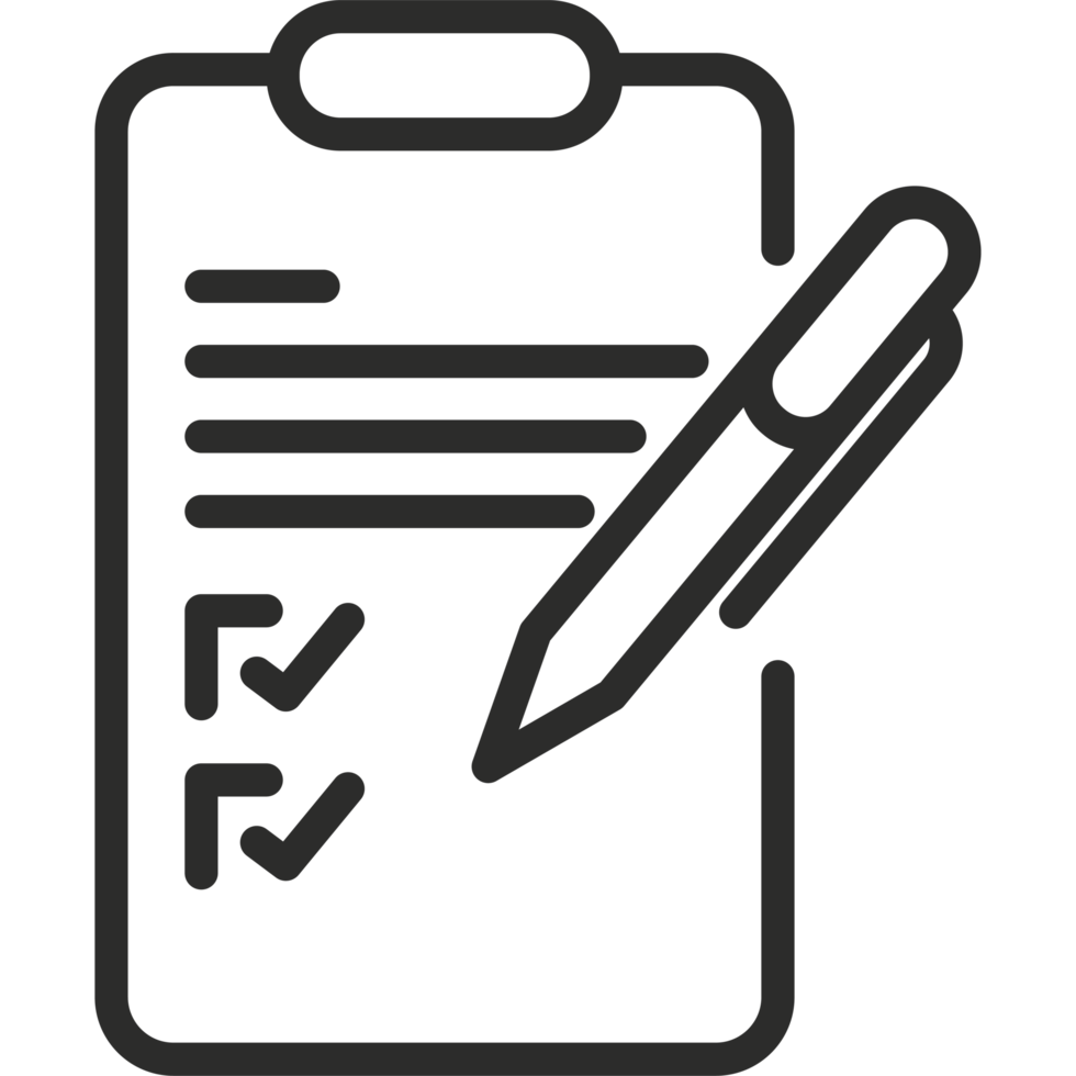 A black and white clip board with a pen and check mark png
