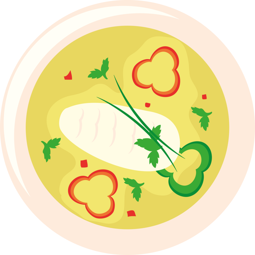 A bowl of soup with fish and vegetables png