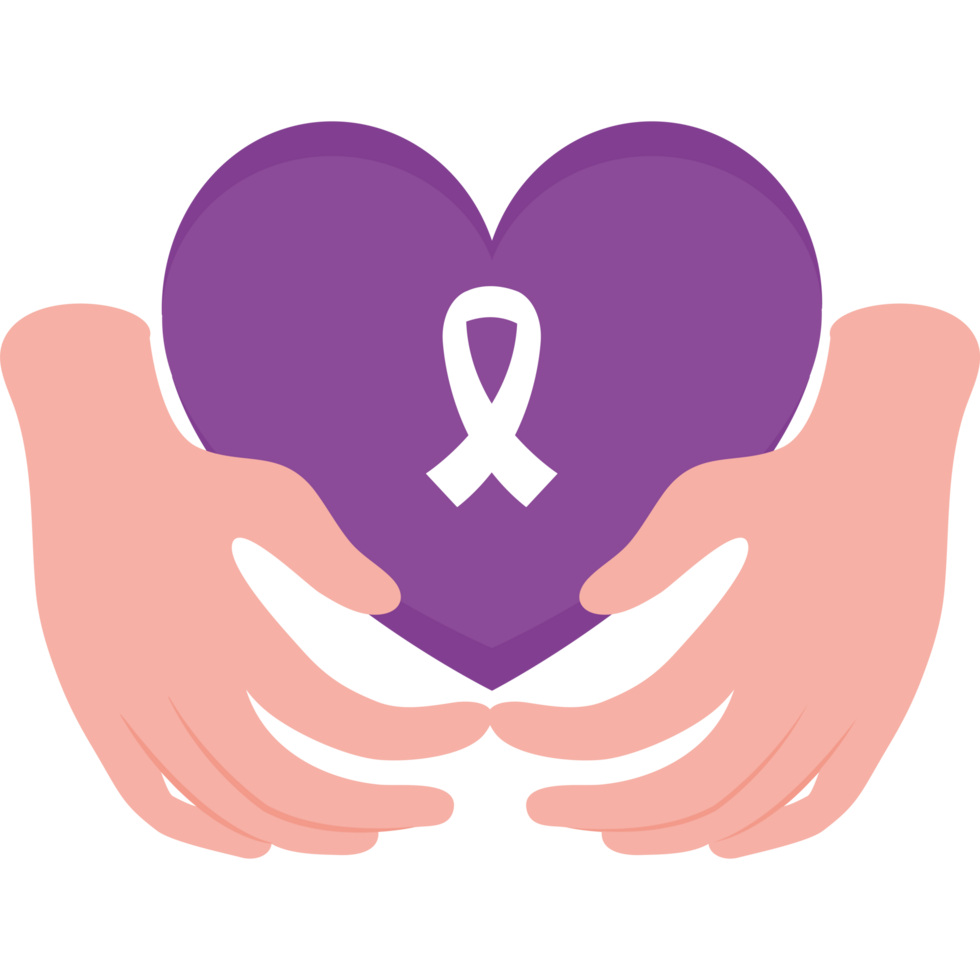 Two hands holding a purple ribbon heart with a white ribbon png