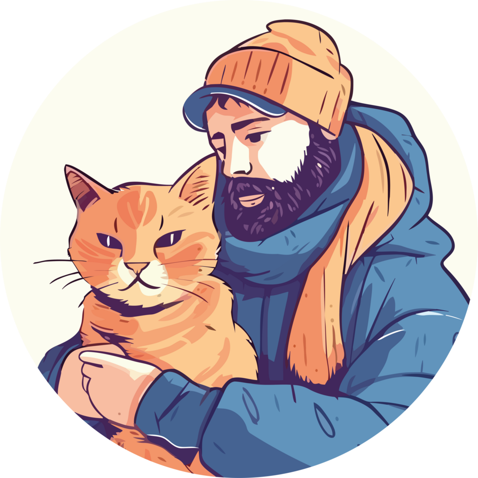 A man with a beard and hat holding a cat png