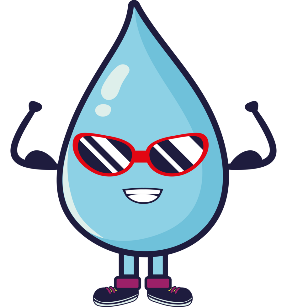 A cartoon water drop with sunglasses and a smile png
