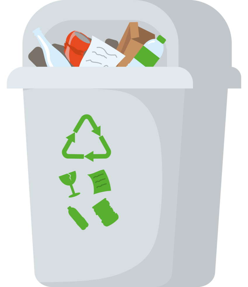 A trash can with garbage and recycling items png