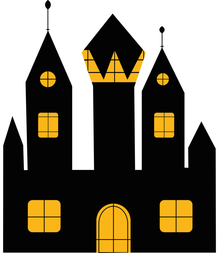 A black castle with yellow windows and a crown on top png